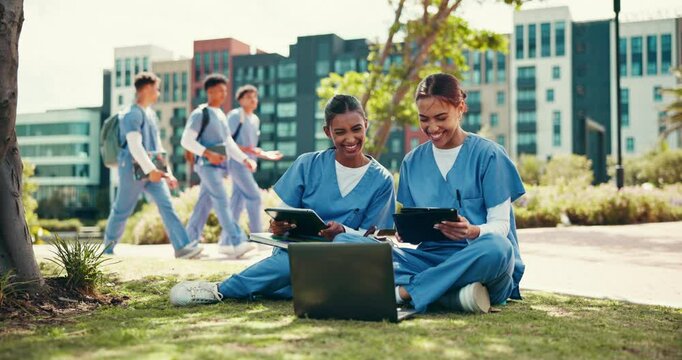 High five, doctors and internship with people and laptop in outdoor for support, healthcare resident and scholarship. Medical students, success and nurse with friends at teaching hospital for study