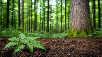 Fototapeta premium Forest Floor Fern: A vibrant green fern sprout emerges from rich soil, nestled at the base of a moss-covered tree in a lush forest. The image evokes a sense of growth, renewal.