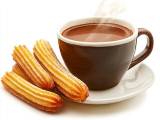 A cup of hot chocolate beside three churros on a plate, creating a cozy snack scene.