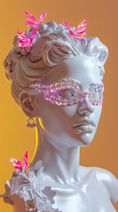 Elegant statue adorned with a jeweled mask and butterflies, blending art and fantasy
