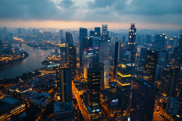 Fototapeta premium Singapore Cityscape at Night: A Stunning Aerial View