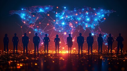 Silhouetted businesspeople stand before a glowing world map representing global network and connection.