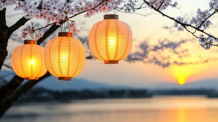 Obraz premium A serene sunset scene with illuminated lanterns hanging from branches adorned with cherry blossoms, reflecting tranquil beauty over water.