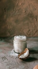Rustic coconut oil jar next to a cracked coconut shell, showcasing tropical beauty.