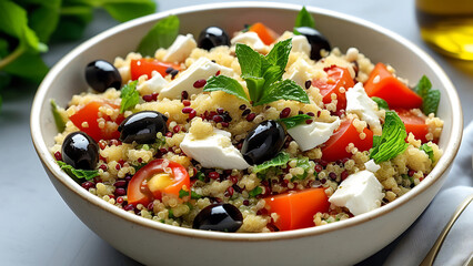Healthy and vibrant couscous salad with feta cheese, olives, tomatoes, and fresh mint.  Perfect for a light lunch or healthy meal.