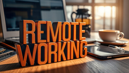 Remote Work Setup at Home With Laptop and Coffee on Table. Remote Working