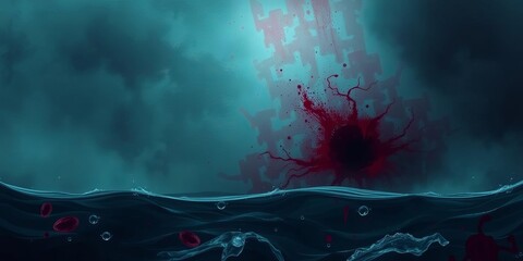 Abstract red ocean resembling blood with a dark spot in the center surrounded by vibrant colors, set against a scary devil background symbolizing an abyss of sins, sins, devil