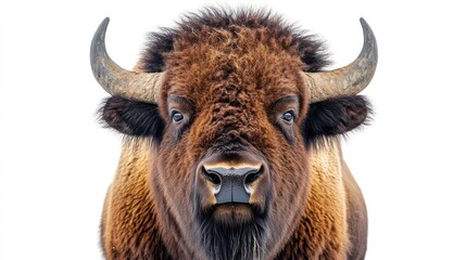 Close-up portrait of a majestic bison against a white background.