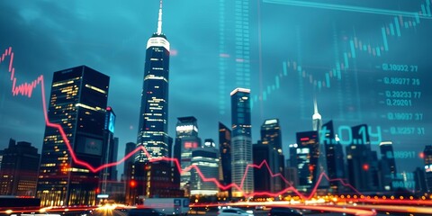 abstract virtual financial graph hologram overlaid on modern office building background, trading, chart