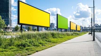Obraz premium A row of colorful empty billboards along a sunny street, surrounded by grass and buildings, showcasing vibrant green and yellow backgrounds.