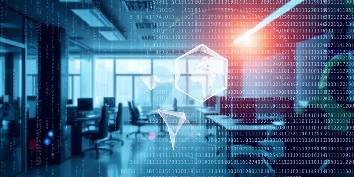 Abstract virtual binary code pattern overlay on blurred empty corporate office background, representing big data and coding concept through multiexposure effect, coding, virtual