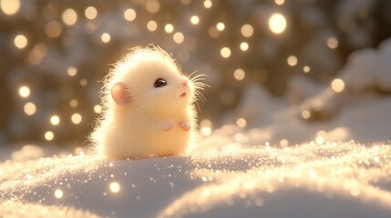 A fluffy creature sits in the snow, surrounded by sparkling light, evoking a whimsical atmosphere.