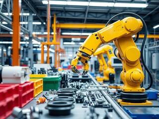 Advanced robotic arm in a busy industrial factory, working efficiently to assemble and move parts in a high-tech automated manufacturing environment, automation, parts
