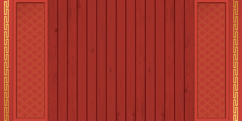 Cut timber panels red color graphic illustration with Chinese style decoration. Chinese New Year greeting card template have blank space.