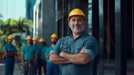 Latin engineer smiling with his team at a construction entrance, he is wearing a helmet, symbolizing leadership and determination. 