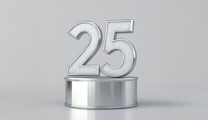 Silver number 25 on a podium with a white background symbolizing a silver wedding anniversary celebration. Silver jubilee 