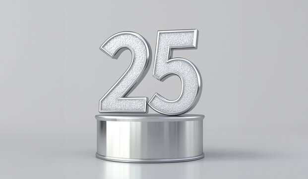 Silver number 25 on a podium with a white background symbolizing a silver wedding anniversary celebration. Silver jubilee 