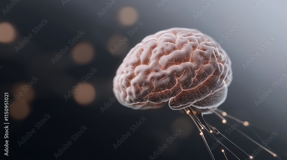 Poster conceptual illustration, brain with elongated stem symbolizing neural pathways and cognitive process