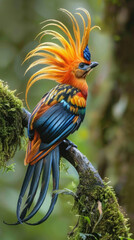 Fototapeta premium Colorful bird with extravagant plumage perched on a mossy branch