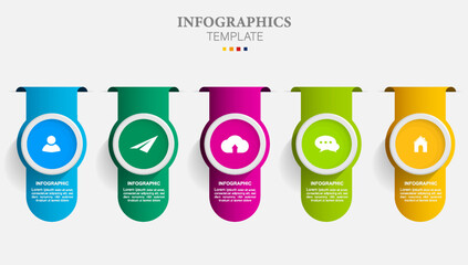 infographic template icons with 5 options processes.