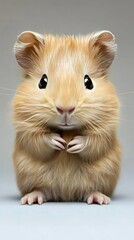 A cute golden hamster standing upright with tiny paws, showcasing its fluffy fur and expressive eyes.