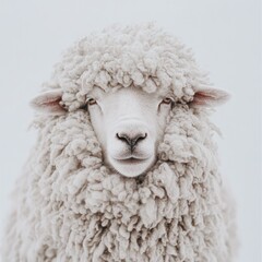 A close-up of a fluffy sheep with a soft, woolly coat against a light background.