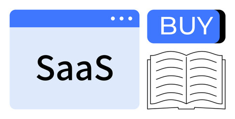 Web browser window displaying SaaS, buy button in blue and black, and open book with black lines. Ideal for tech marketing, software sales, e-commerce, online services, digital products, educational