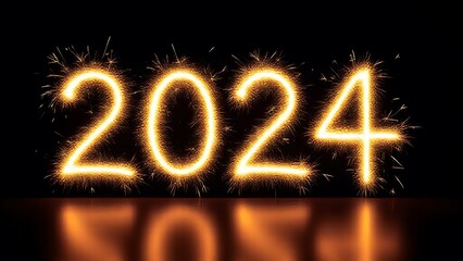Gold Sparkler Firework Text with 2024 Caption on Black. New Year Banner.