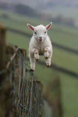 A playful goat kid leaps over a fence in a lush green landscape.