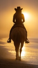 Silhouette of a person riding a horse at sunset on a beach, creating a serene atmosphere.