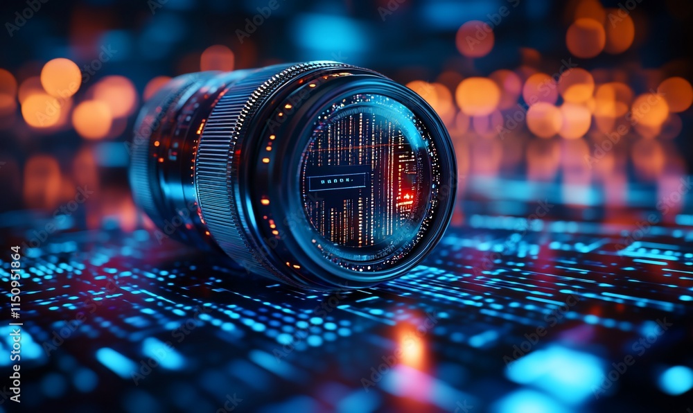 Poster a camera lens on a digital background with glowing data patterns.