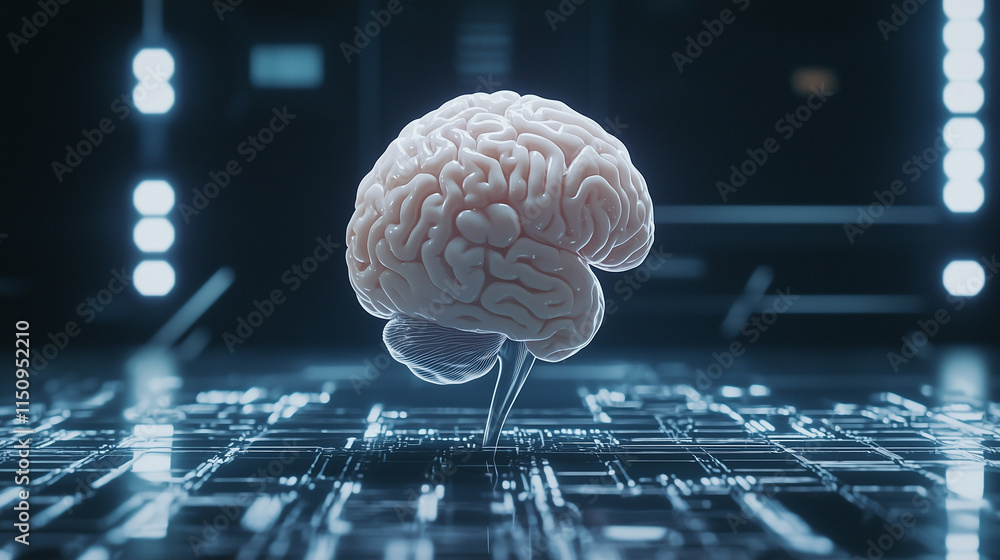 Poster human brain on circuit board: a 3d rendering of a human brain delicately placed on a futuristic circ