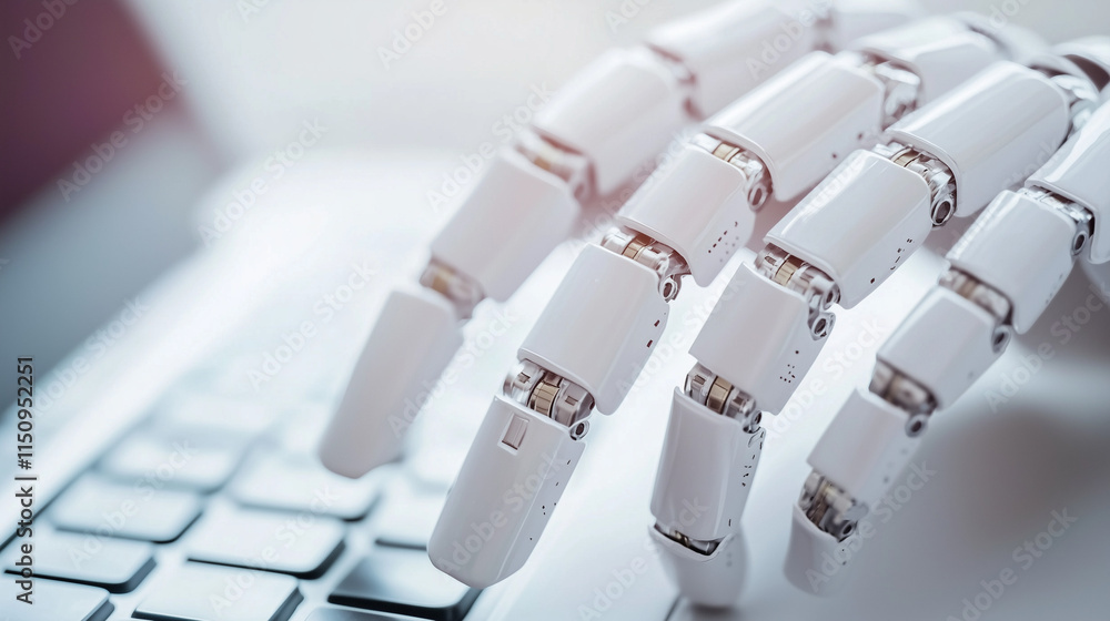 Aufkleber robotic hand typing on laptop keyboard: a close-up, high-definition image of a robotic hand typing o