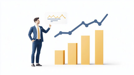 Businessman and Growth Chart: A confident businessman stands proudly beside a rising bar graph, symbolizing growth, success, and achievement in the business world.