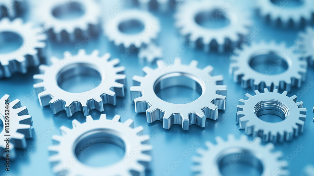 Poster interlocking gears: a close-up view of a group of metallic gears, symbolizing the intricate workings