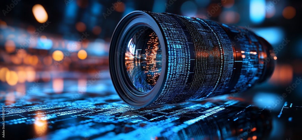 Poster a close-up of a camera lens with a digital backdrop, emphasizing technology.