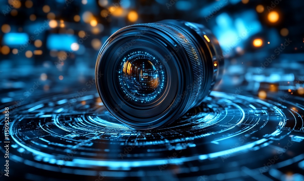 Poster a close-up view of a camera lens on a digital background with glowing elements.