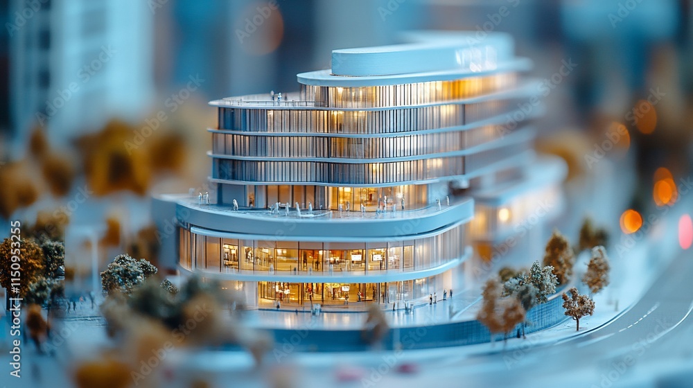 Poster a detailed architectural model of a modern building with illuminated features.