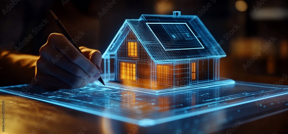 Aufkleber a digital rendering of a house being designed on a holographic interface.