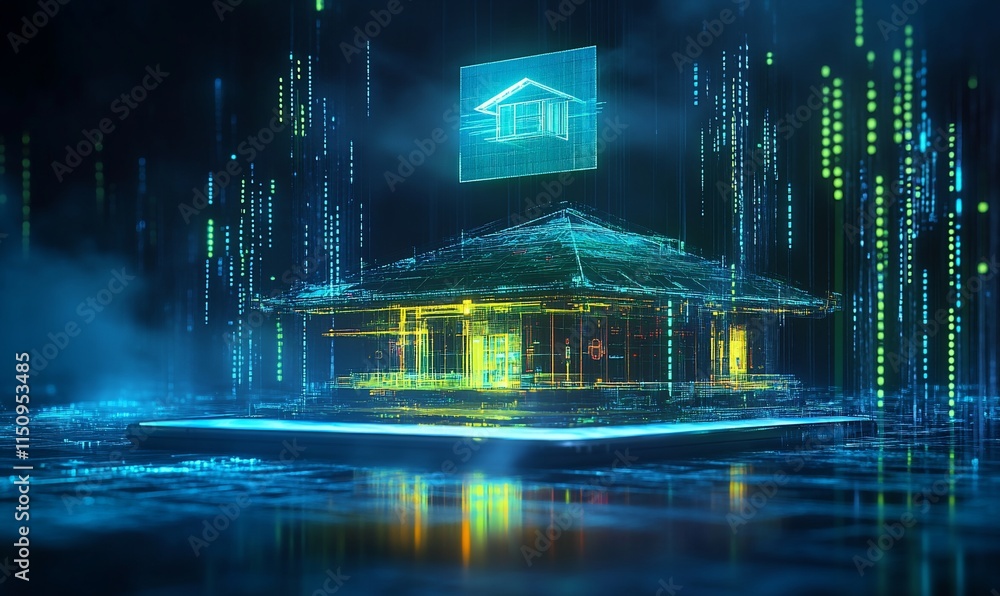 Aufkleber a digital representation of a house surrounded by data streams and neon effects.