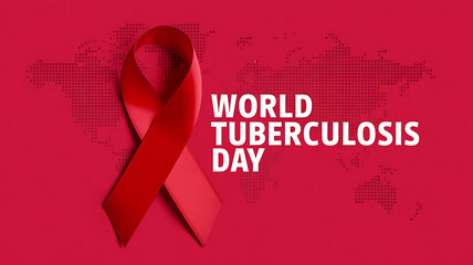 Red awareness ribbon for world tuberculosis day a deep red background with a world map texture.