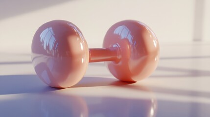 Light pink dumbbell on a white surface, reflecting light.