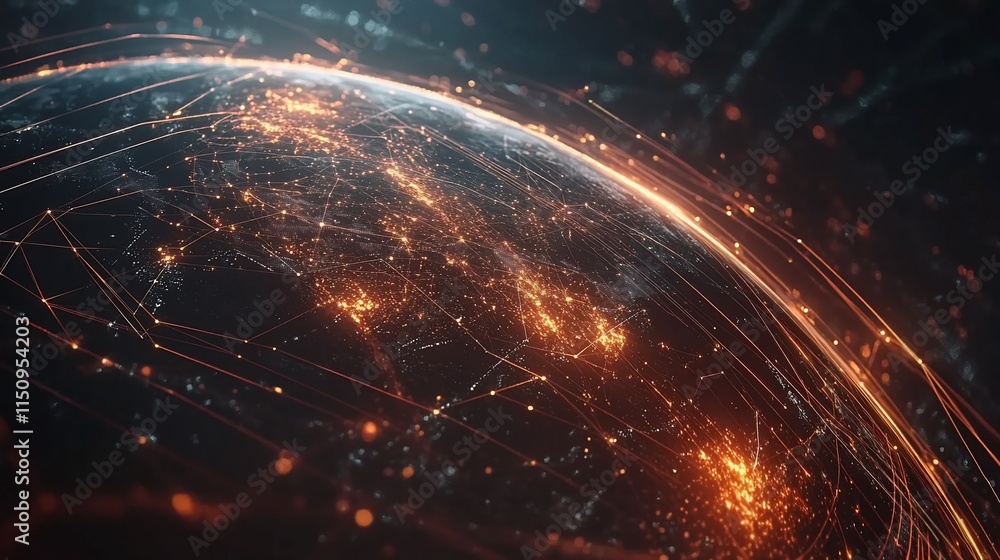 Poster a digital representation of earth with glowing connections and data points.