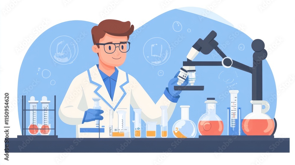 Poster smiling scientist in lab coat examines sample under microscope.