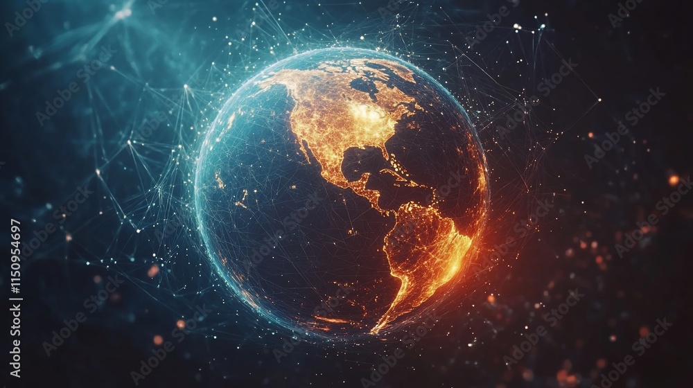 Poster a digitally rendered globe showcasing interconnected networks and glowing continents.