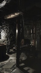 Dark and foreboding medieval torture chamber with grim instruments, creating an eerie atmosphere