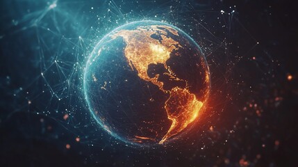 Fototapeta premium A digitally rendered globe showcasing interconnected networks and glowing continents.