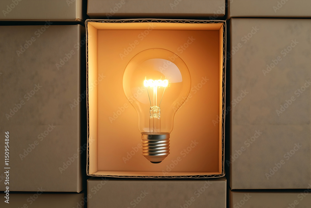 Poster a glowing light bulb is set against a backdrop of cardboard boxes, symbolizing innovation and creati