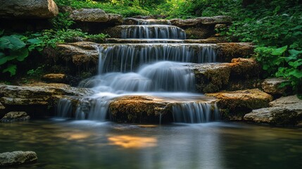 Obraz premium Serene cascading waterfall, lush green foliage.