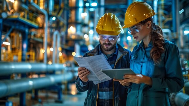 Two engineers review documents and a tablet in an industrial plant at night.